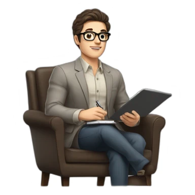Pale skinned Fit Man With dark brown hair in gray jacket, beige office shirt and vintage glasses sitting In a soft chair with a notebook with emblem Ψ and a pen in his hands sticker