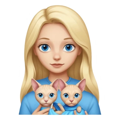 blonde girl with long hair and blue eyes holding a sphynx cat, emoji style sticker