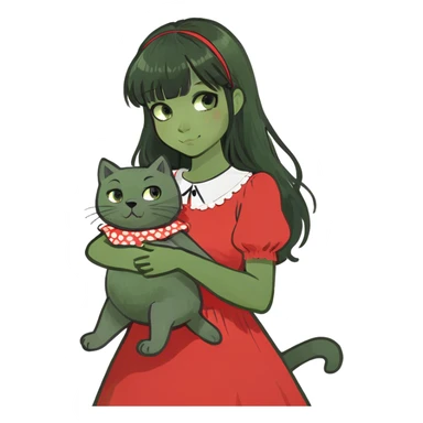 girl,black eyes,red cheeks,long black hair with bangs,holds a British grey cat and a brown teddy bear sticker