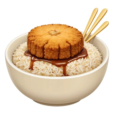 bowl filled with rice, a bit of brown sauce over the rice and a breaded pork cutlet over it sticker