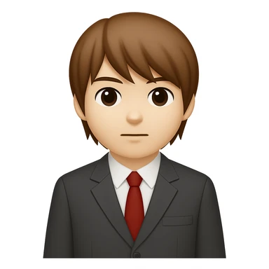 Create an image of Light Yagami from Death Note in apple emoji style. He has brown hair, wears a school uniform, stands with arms at his sides, and has a neutral expression. The style should resemble apple emojis. sticker