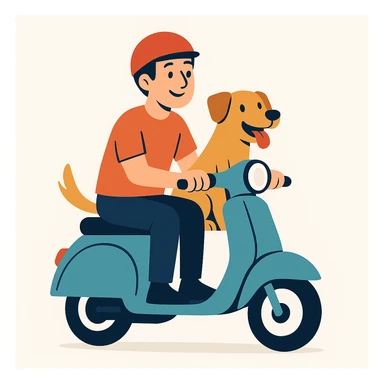 vector art of a man and his pet dog riding a vespa, for website design sticker