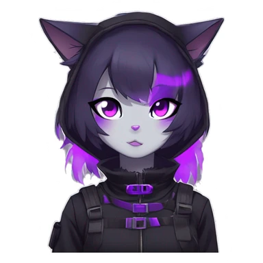Gorgeous furry gothic dark techwear anime style anthro black cat furry sona Fakemon with blushing face aesthetic and pretty edgy black with violet collar and harness trending style sticker