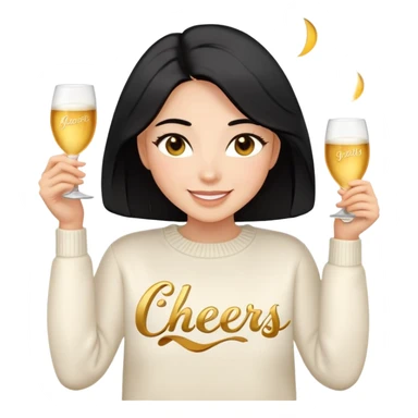 A woman with shoulder-length black hair, light to medium skin tone, full cheeks, and almond-shaped eyes, wearing a white sweater with the word 'cheers' in gold script, lying comfortably on a bed with soft lighting, joyful and radiant expression, emoji style, no drinks. sticker