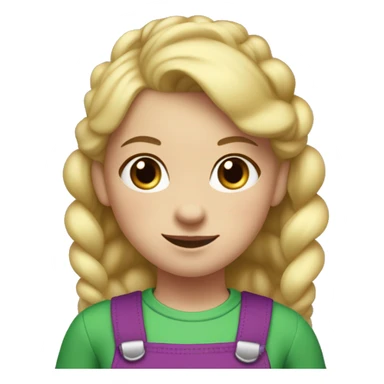 A little blonde girl with pigtails and little purple bows wearing a red long-sleeved shirt and purple overalls with blue tights with green polka dots and purple sneakers. sticker