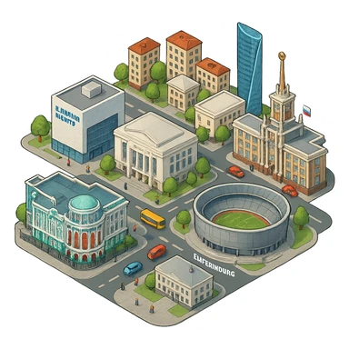 Изометричная миниатюрная фотореалистичная 3D модель Екатеринбурга - Дом Севастьянова, Ельцин-центр, Уральский федеральный университет, дома, Екатеринбург Арена, Штаб-квартира Русской медной компании, Здание Свердловского городского совета народных депутатов, четкие линии, яркие цвета, мультяшный реализм, люди, автотранспорт, компактная композиция, вид сверху в изометрии, прозрачный фон sticker