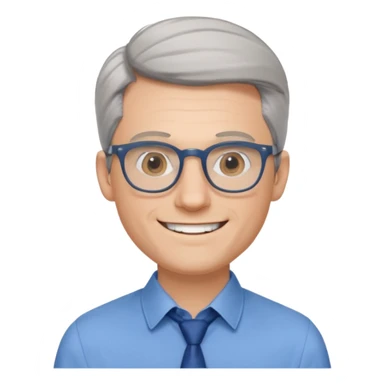 30 yr old pale white man, grey side swept hair, round glasses, big smile, white teeth, handsome, longer hair, thin glasses, blue dress shirt, no tie sticker