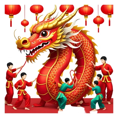 Cinematic Realistic scene of a traditional Chinese Dragon Dance featuring a team of performers skillfully manipulating a colossal, flexible dragon puppet, its intricately detailed, vibrant scales and flowing, embroidered fabric catching the light, set against a festive backdrop of red lanterns and dynamic red-tinged lighting that accentuates the majestic presence of the dragon puppet. sticker