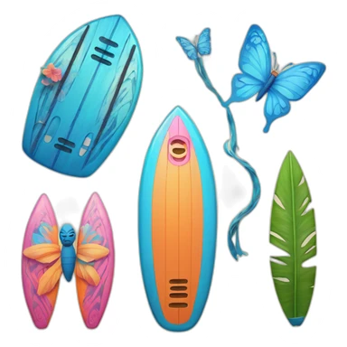 A surfboard Cartoon Blue and orange tiki smiling with butterfly and and Cartoon Blue and pink tiki singing with butterfly and mikrophone sticker