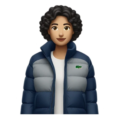 latina woman using Lacoste puffer jacket sticker