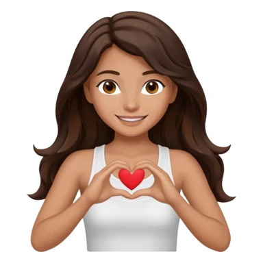 tan wavey dark long brown haired brown eyed girl making a heart with her hands wearing a white tank top with boobs and smiling pretty sticker