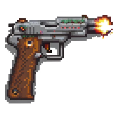 Pixel art pistol firing with muzzle flash sticker