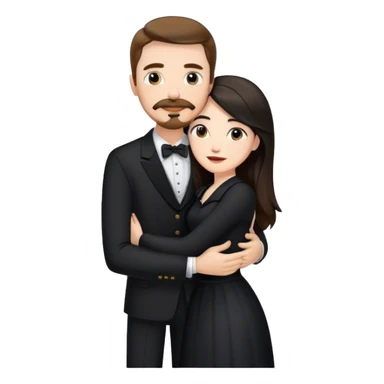 tall white man with brown hair goatee mustache hugging a pale woman with long black hair, wearing black forma clothing sticker