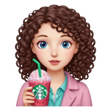make an emoji of a loose curly brunette, blue-eye girl, wearing light pink drinking a strawberry acai refresher from starbucks sticker