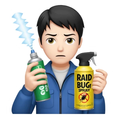 Gojo Satoru using a can of raid bug spray looking disgusted sticker