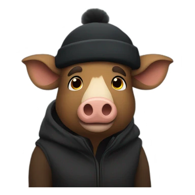 Bored brown boar in a black winter hat and black jacket sticker