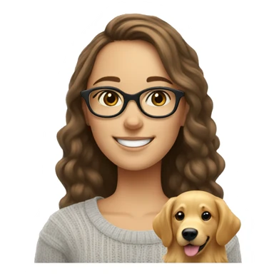 Smiling Caucasian brunette girl in sweater with glasses with smiling golden retriever sticker