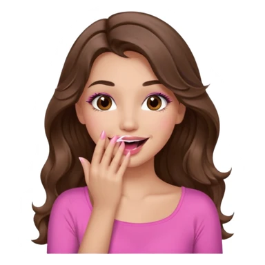 girl with long wavy brown hair, brown eyes, long lashes makeup, pink lips, light to medium complexion, pink sexy top, smiling, hand covering the mouth, giggling sticker