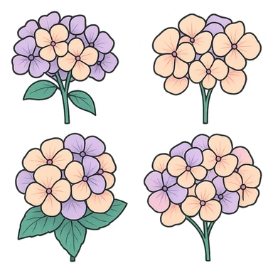 Hydrangea with multiple inflorescences, detailed with shadows and highlights, in icon-color-outlined style with thin clean outlines and soft rounded shapes. Use a pastel palette #98B5BC, #B5B3C1, #C9A3C9, #E4C0CA, #F7DCD1, #F7C0AA. Transparent background. Inspired by the reference image, focus on structure and details. sticker