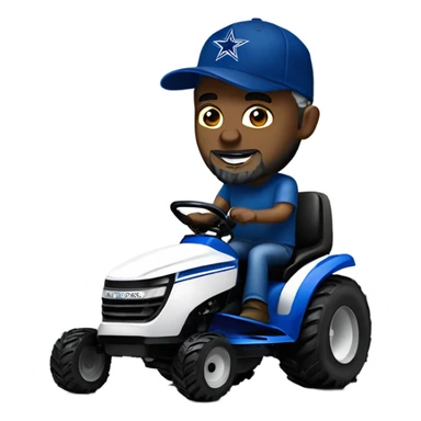 Bigger white man with short grey beard and blue Dallas cowboys hat riding lawn mower  sticker