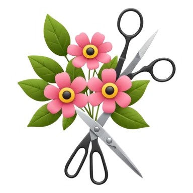 Minimalistic flat vector icon, iOS style, thin black contour on white background. Flower bouquet with leaves and scissors. No text, no shadows. sticker