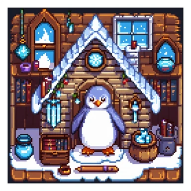 Cozy penguin wizard cottage with spell books, icy decorations, and magical artifacts sticker
