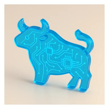 minimalist bull icon, electric blue, integrated circuit lines, glossy circuit style sticker