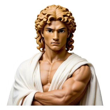 Cinematic Realistic Hercules Portrait, depicted as a classical Greek hero merging the fierce masculinity of the lion-wrestling Hercules with the refined face of Michelangelo's David. His light tan, chiseled skin glows with timeless strength, and his thick, curly, golden brown hair cascades in natural, sculpted curls reminiscent of a warrior’s mane. Draped in a flowing white robe with delicate golden accents and crowned with a traditional Greek laurel wreath, his intense, determined eyes exude noble might, all rendered under dynamic natural lighting with a mythic, radiant glow. sticker