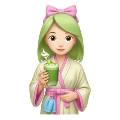 Girl with towel and a pink bow on the towel and the girl holding a matcha latte and wearing a robe sticker