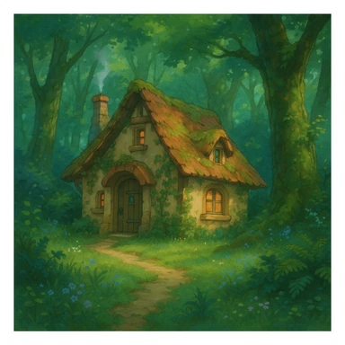 small cottage in a magical forest, ghibli style sticker