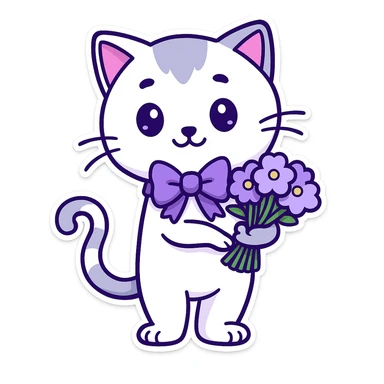 Add a cute bow around the cat's neck in the style of cartoonish stickers. sticker