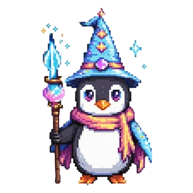 a penguin wizard with magical sparkles and a unicorn companion sticker