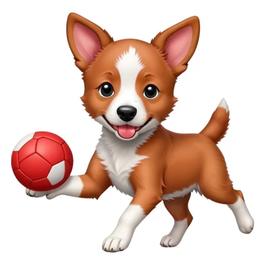 Playful red heeler puppy with tongue out, running with a ball sticker