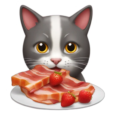 cat eating bacon with strawberry sticker