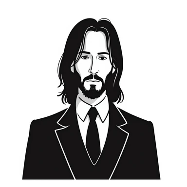 John Wick character in pencil sketch style, wearing a black suit with long dark hair and beard sticker