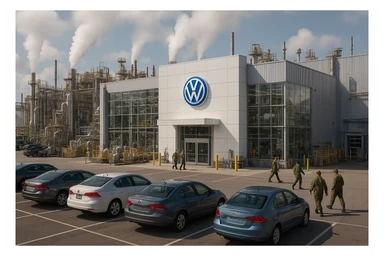 Realistic Volkswagen factory exterior, large industrial building with Volkswagen logo, parking lots filled with cars, factory grounds with machinery and equipment, realistic lighting and shadows, industrial atmosphere, workers in uniforms walking around, camouflage colors sticker