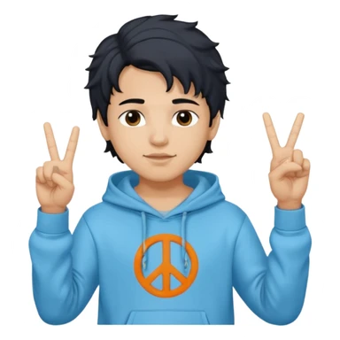 An indian boy in a light blue hoodie with wavy flow hairstyle showing peace sign, with black hair color sticker