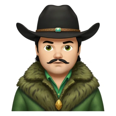 jack black haired cowboy in green fur coat with black hat sticker