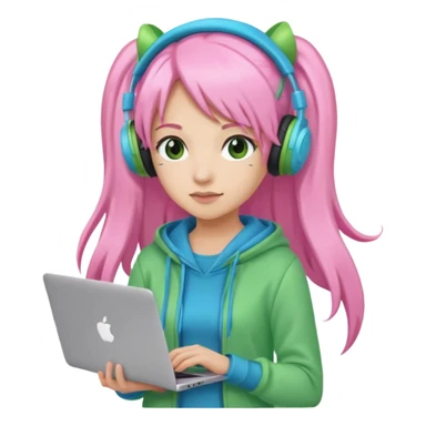Create an emoji of a woman with long pink twin-tail hair. She is a game streamer, wearing green headphones, holding a MacBook, and dressed in a blue outfit. sticker