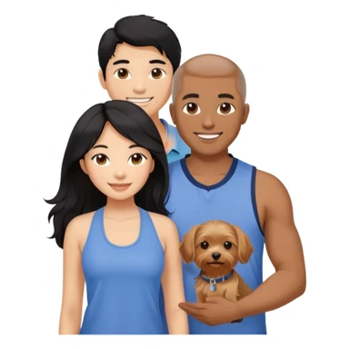 A pretty Asian girl with long, luscious wavy black hair (loose, no hair tie), wearing a sleeveless halter top. She is standing beside a brown-skinned man with a middle part haircut, who is wearing a polo shirt. They are both smiling and holding a small Yorkshire Terrier together. sticker
