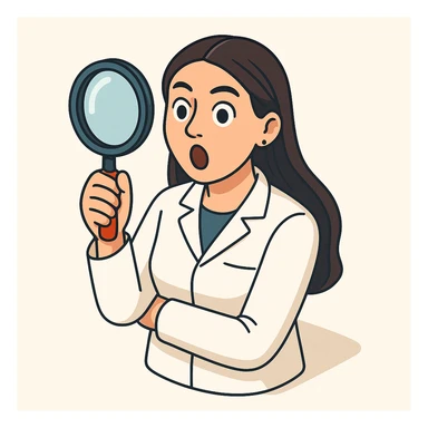 Front view of a female doctor with dark long straight hair and detailed brown eyes (not just dots), wearing a white coat, in 2D isometric style with a minimalist background. She is looking straight into the camera through a magnifying glass with a surprised facial expression. Appearance matches the reference. sticker