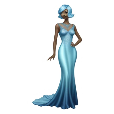 reptilian alien woman, in long slim pastel blue formal party satin dress with gradient shiny sparkling navy blue diamonds embroidered, full body full figure sticker
