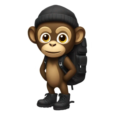 Monkey wearing black winter boots and a black backpack sticker