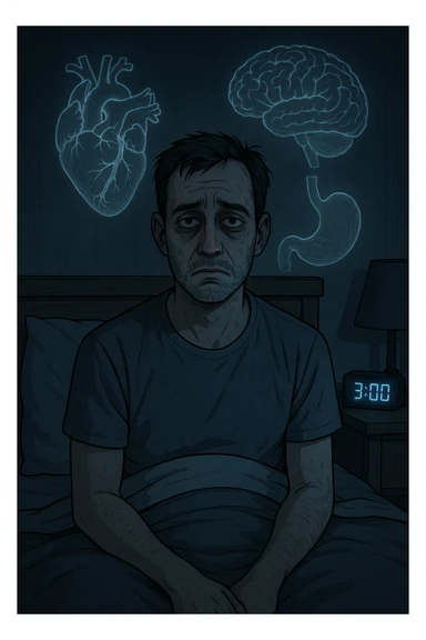 a man sits awake in bed in the middle of the night, dark circles under his eyes and a tired, anxious expression. The room is dimly lit by the blue glow of a phone or digital clock showing 3:00 AM. Around him, faint ghostly overlays of anatomical drawings highlight affected organs—heart, brain, and stomach—symbolizing the physical harm caused by disrupted sleep. sticker