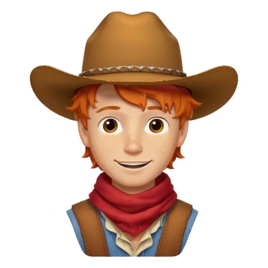 a wavy orange hair boy wearing a cowboy hat with a mischievous grin and freckles with western red scarf on his neck sticker