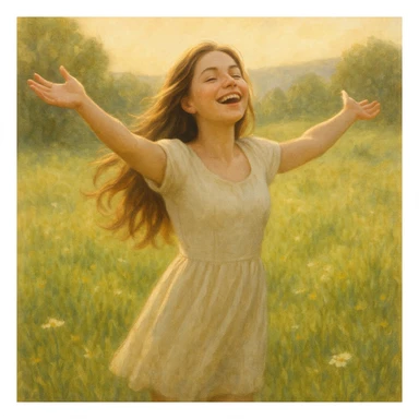 A joyful young woman with long hair, arms outstretched, standing in a sunlit meadow, expressing freedom and happiness, soft realistic illustration style sticker