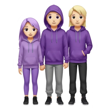 full-length happy couple, girl with long purple hair and gray eyes in lilac hoodie, boy with blonde hair in black hoodie sticker