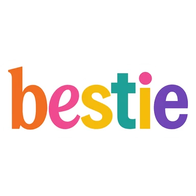 colorful modern text image with the word 'bestie' in the center, varied colorful fonts, no emoji or face sticker