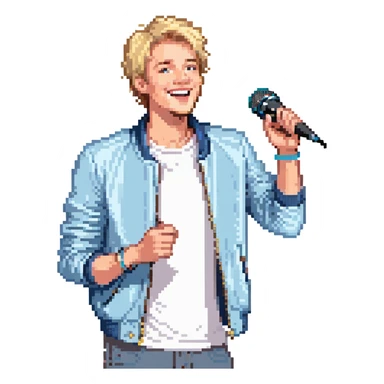 Pixel art style, expressive male performer, Caucasian features, short sandy blonde hair, lively eyes, wide cheerful smile, wearing a sky blue jacket over white tee, tossing a microphone in one hand, waist-up, front-facing sticker