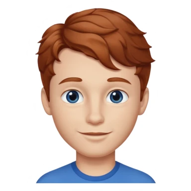 Please generate a portrait of a boy. He has light brown to reddish-brown wavy hair, a right side parting, longer sideburns, blue eyes, a snub nose, and a somewhat pronounced, strawberry-red pout. He is smiling. sticker